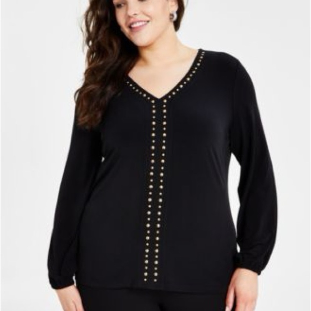 INC International Concepts Black V-Neck Long Sleeve Top Gold Stud Trim sz Large